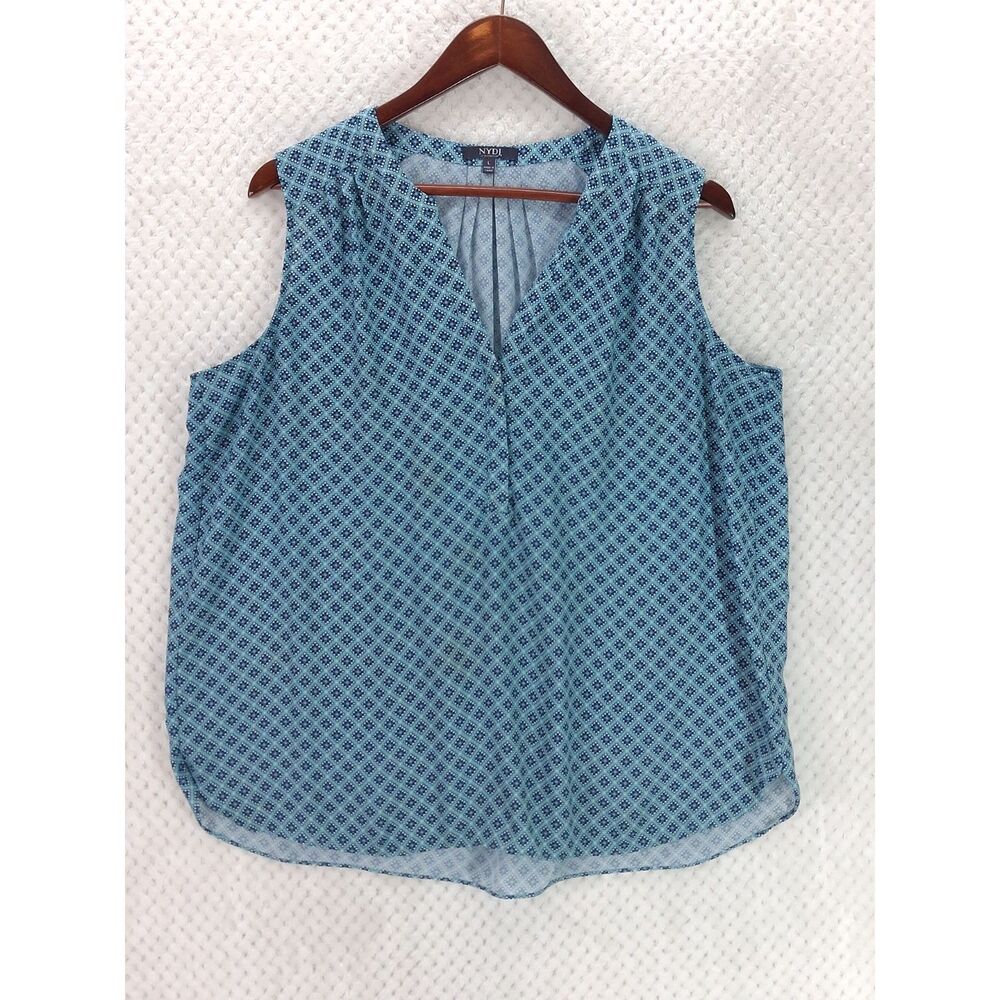 NYDJ Sleeveless Pintuck Blouse Women's Large Blue Geometric Print